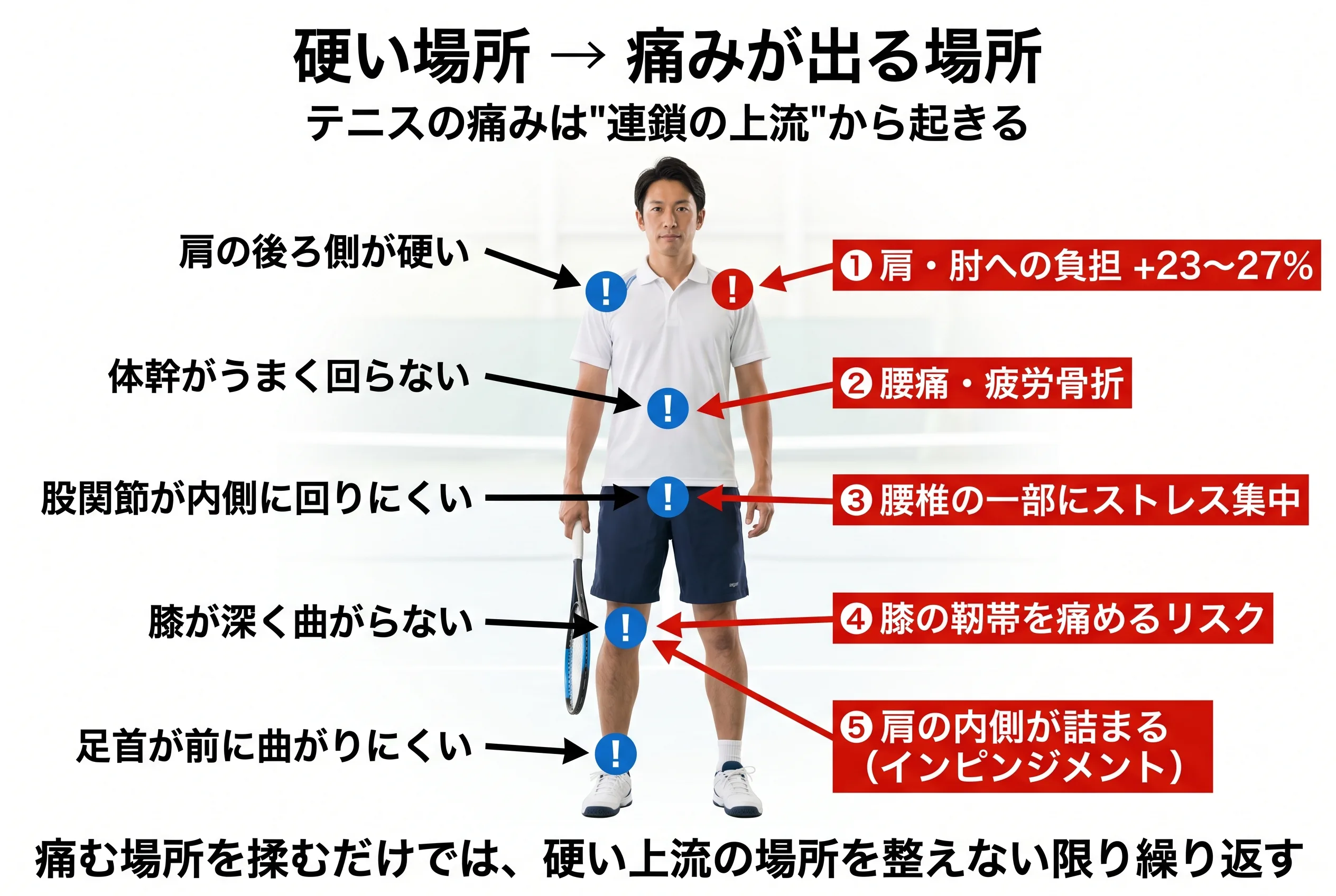 硬い場所→痛みが出る場所の対応マップ：膝・体幹・股関節・足首・肩後面の硬さが上流から痛みを生む