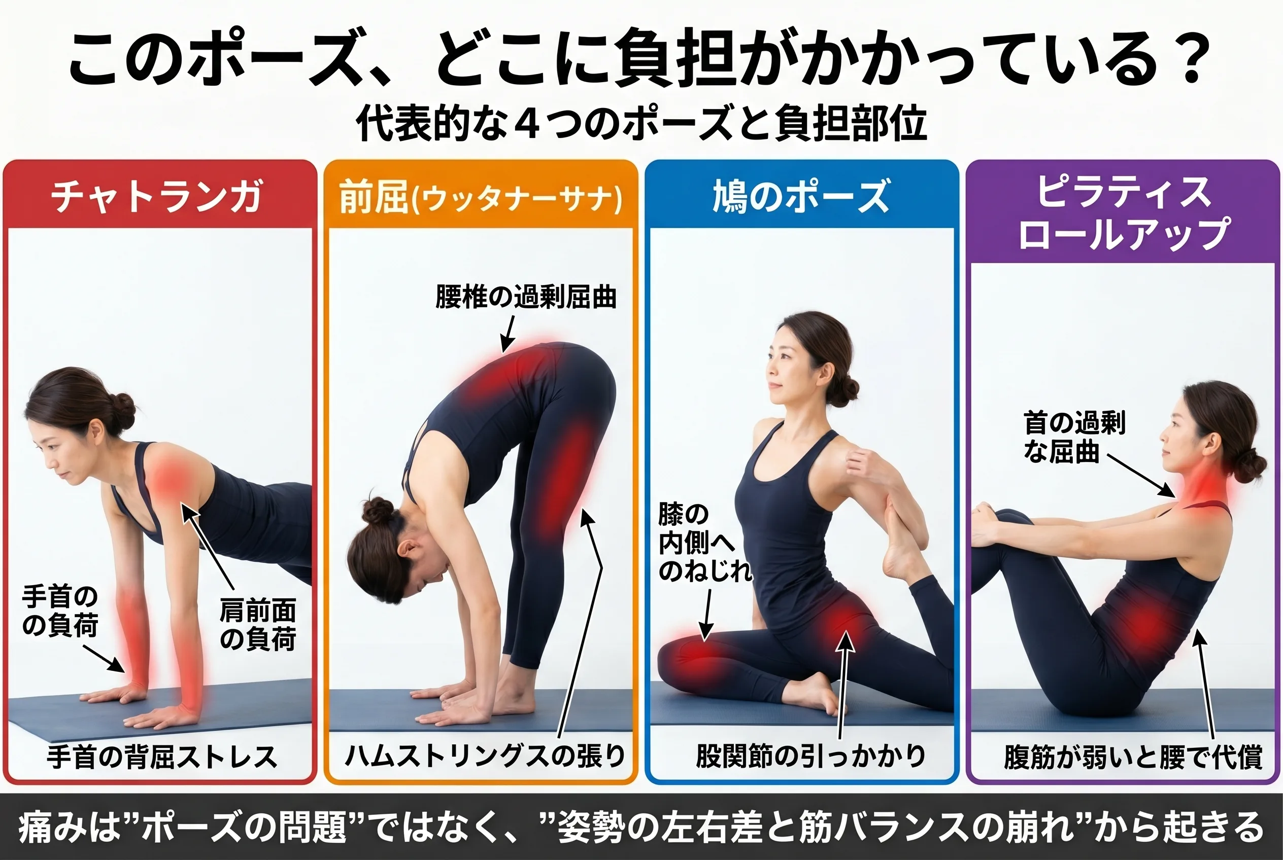 ポーズ別 負担のかかる場所：チャトランガ・前屈・鳩のポーズ・ロールアップの4ポーズ別解説