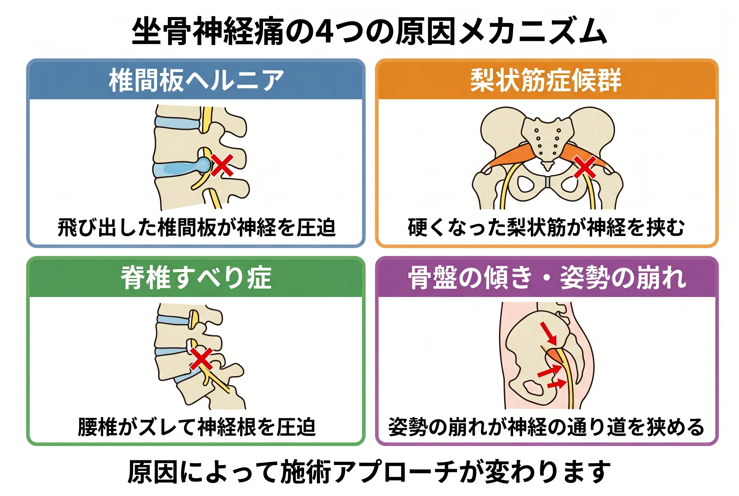 坐骨神経痛の4つの原因メカニズム：椎間板ヘルニア・梨状筋症候群・脊椎すべり症・骨盤の傾き