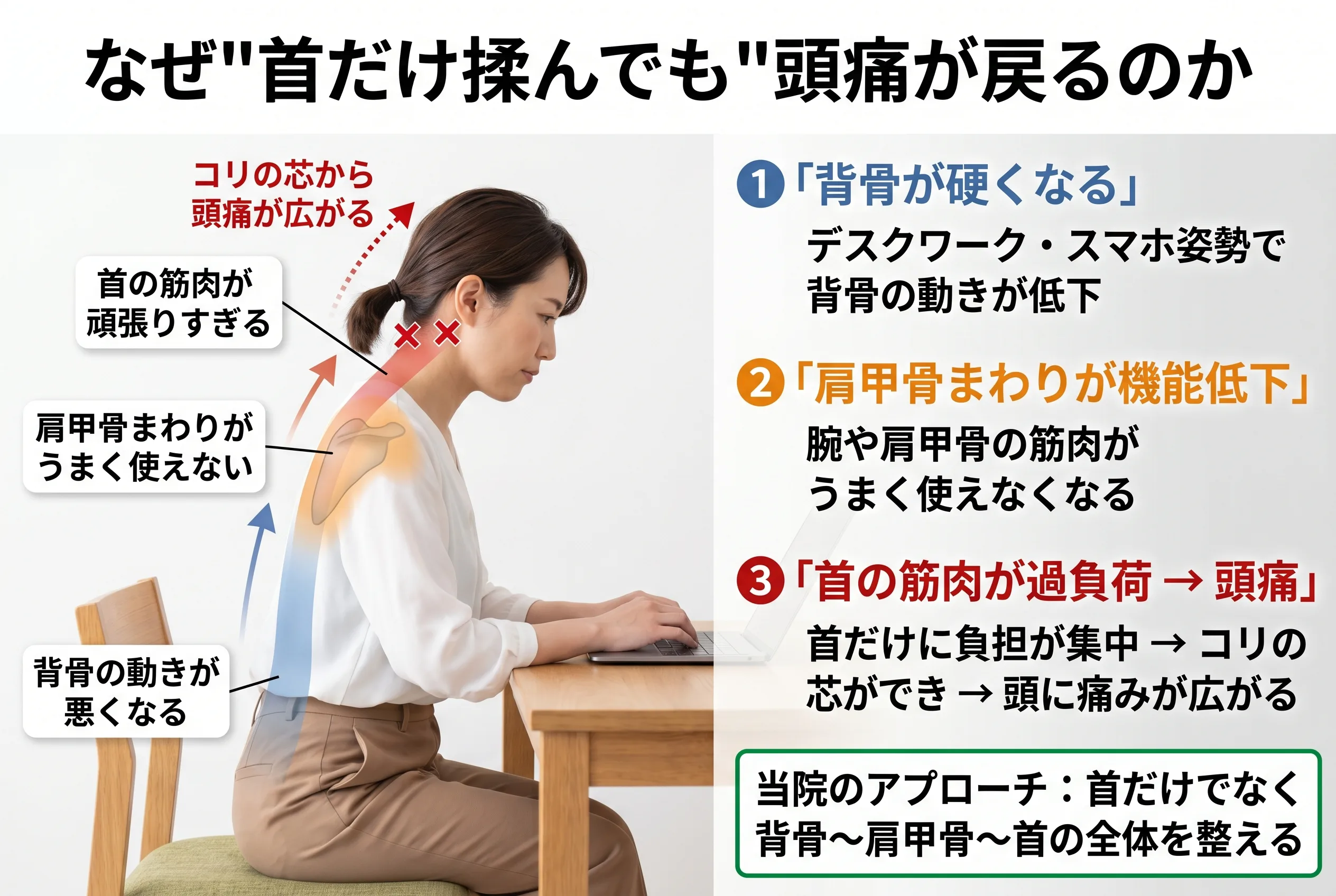 姿勢と頭痛のつながりメカニズム図：背骨が硬くなる→肩甲骨まわりが機能低下→首の筋肉が過負荷→頭痛