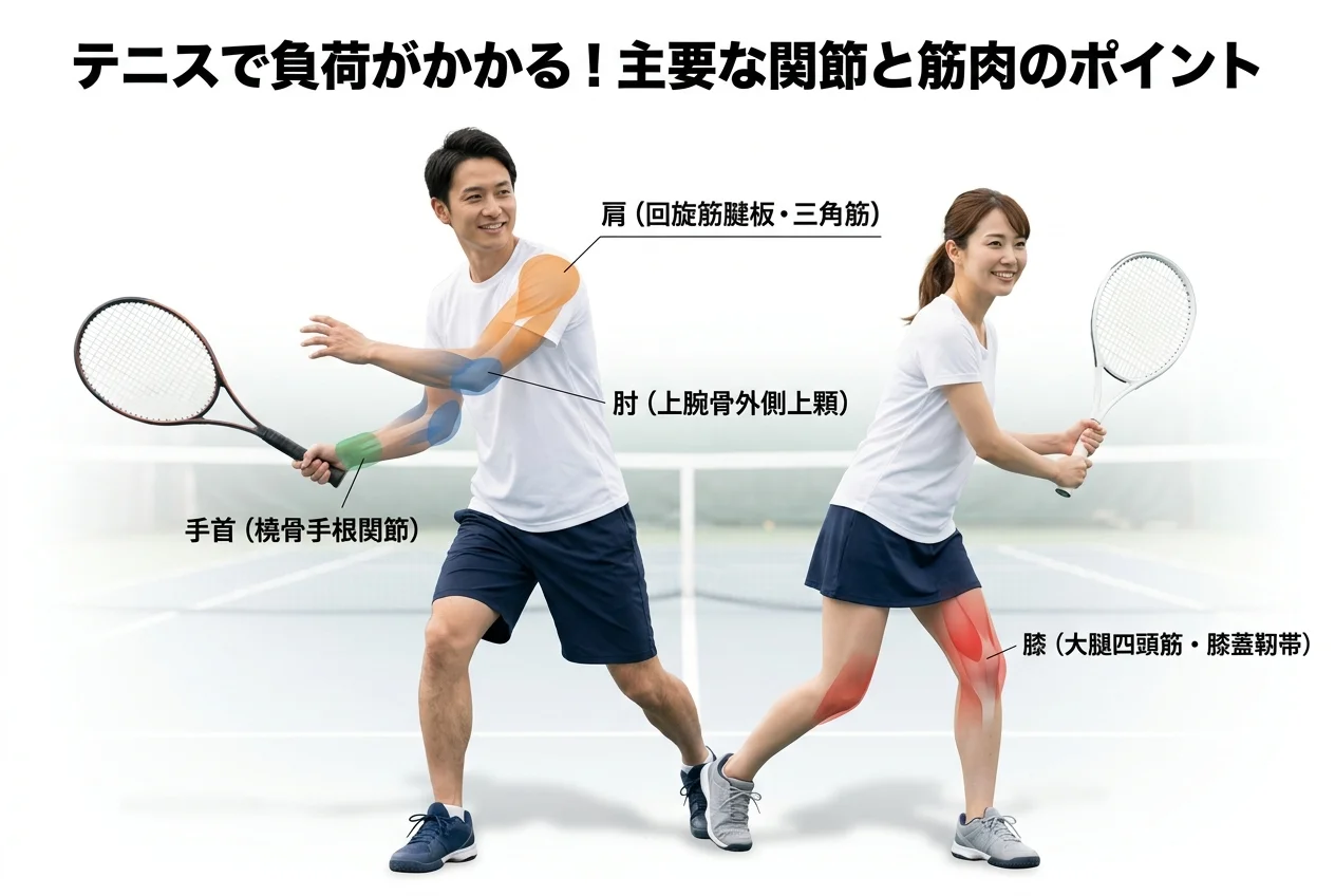 図1：テニスに関連する筋肉・関節・骨格の構造