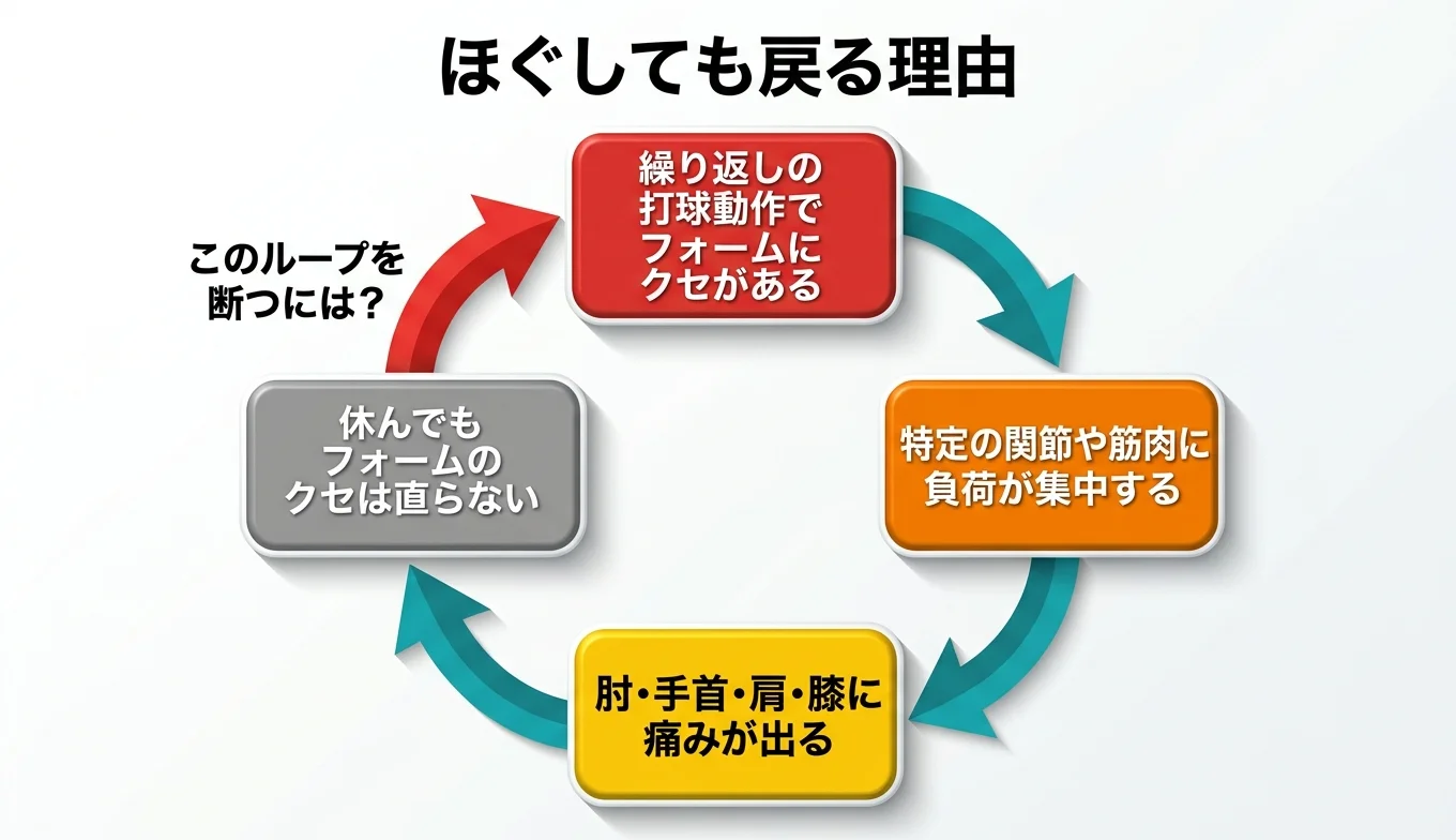 図2：「ほぐしても戻る」悪循環のメカニズム