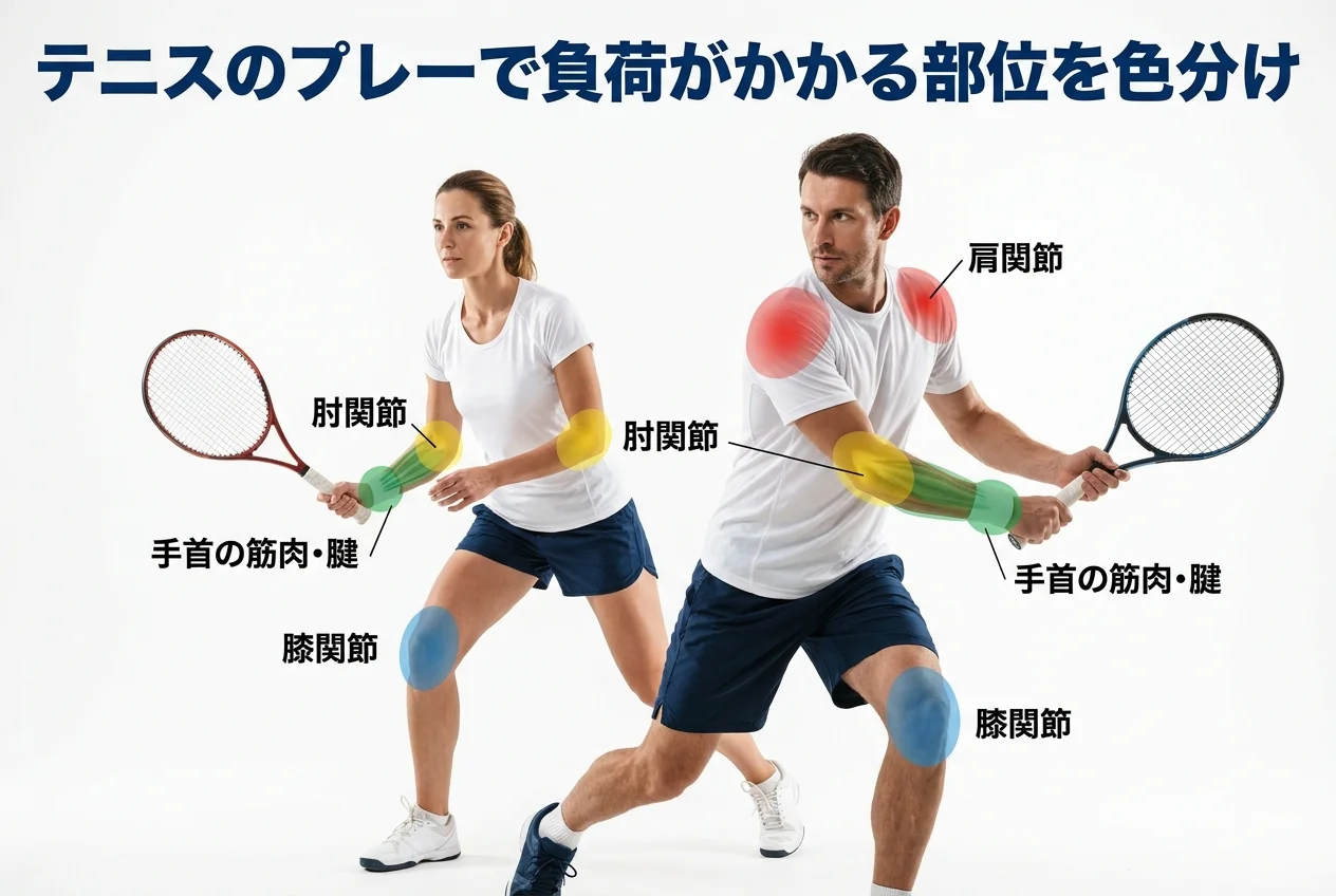図1：テニスに関連する筋肉・関節・骨格の構造