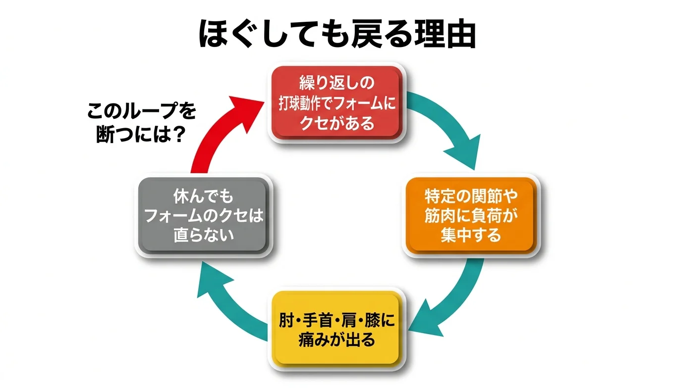 図2：「ほぐしても戻る」悪循環のメカニズム