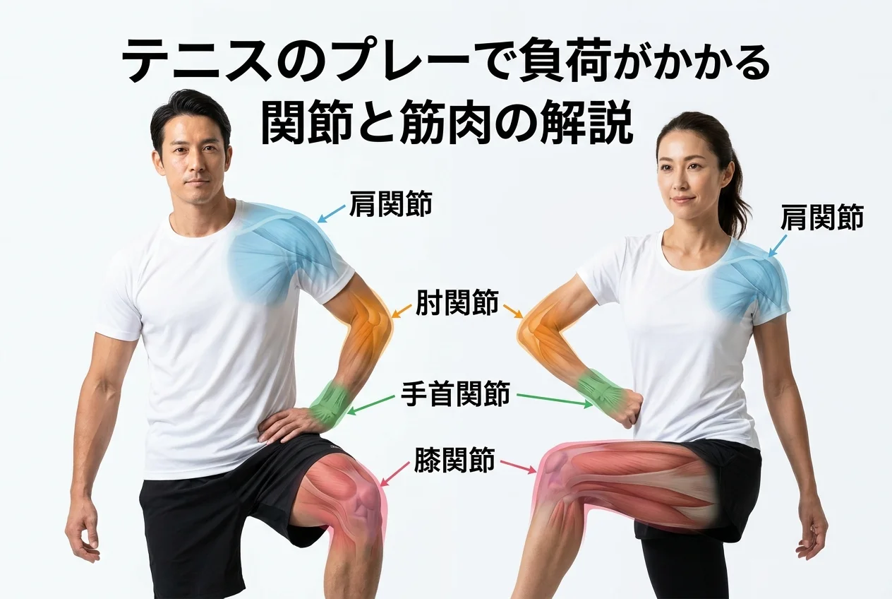 図1：テニスに関連する筋肉・関節・骨格の構造