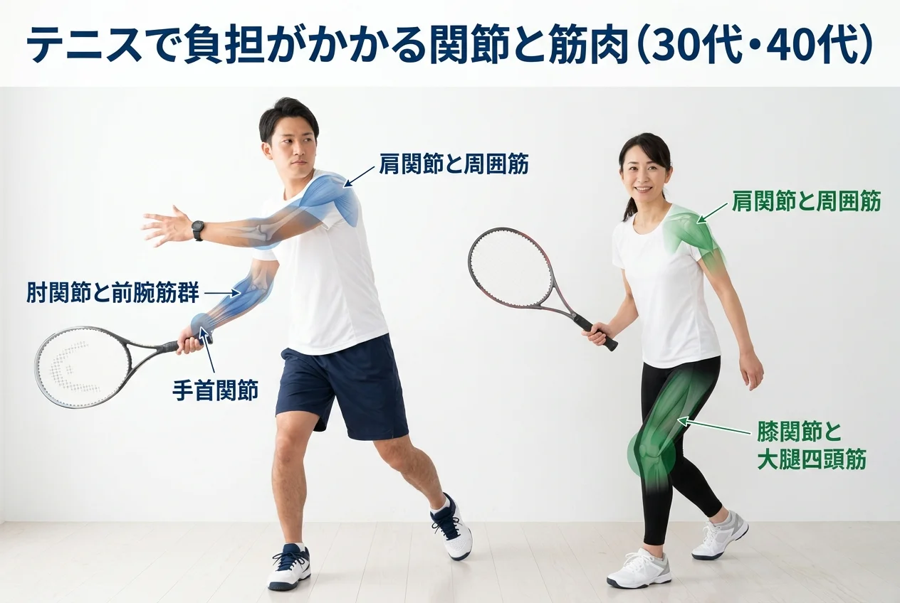 図1：テニスに関連する筋肉・関節・骨格の構造