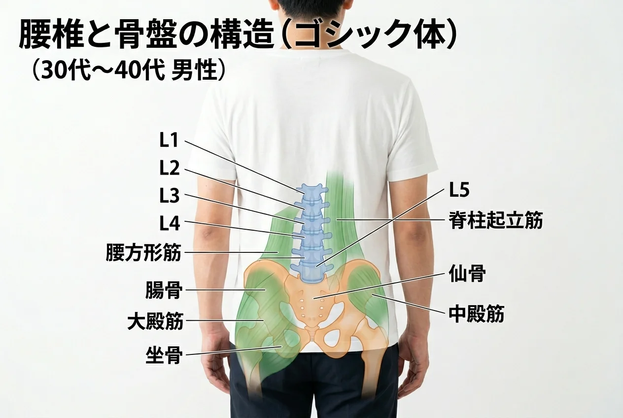 図1：腰痛に関連する筋肉・関節・骨格の構造