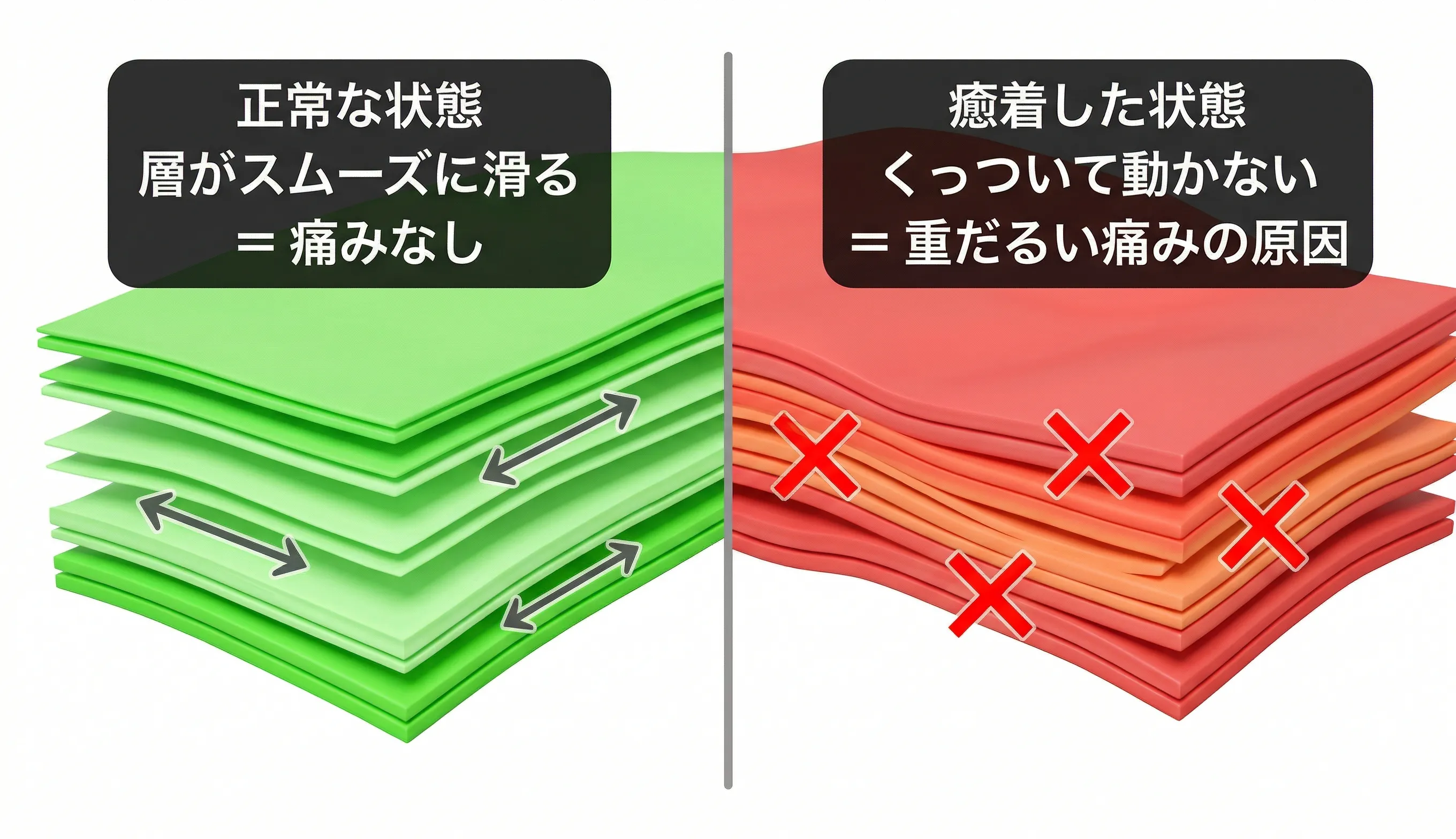 正常な筋膜と癒着した筋膜の比較図 — 滑走不全が腰痛の原因に