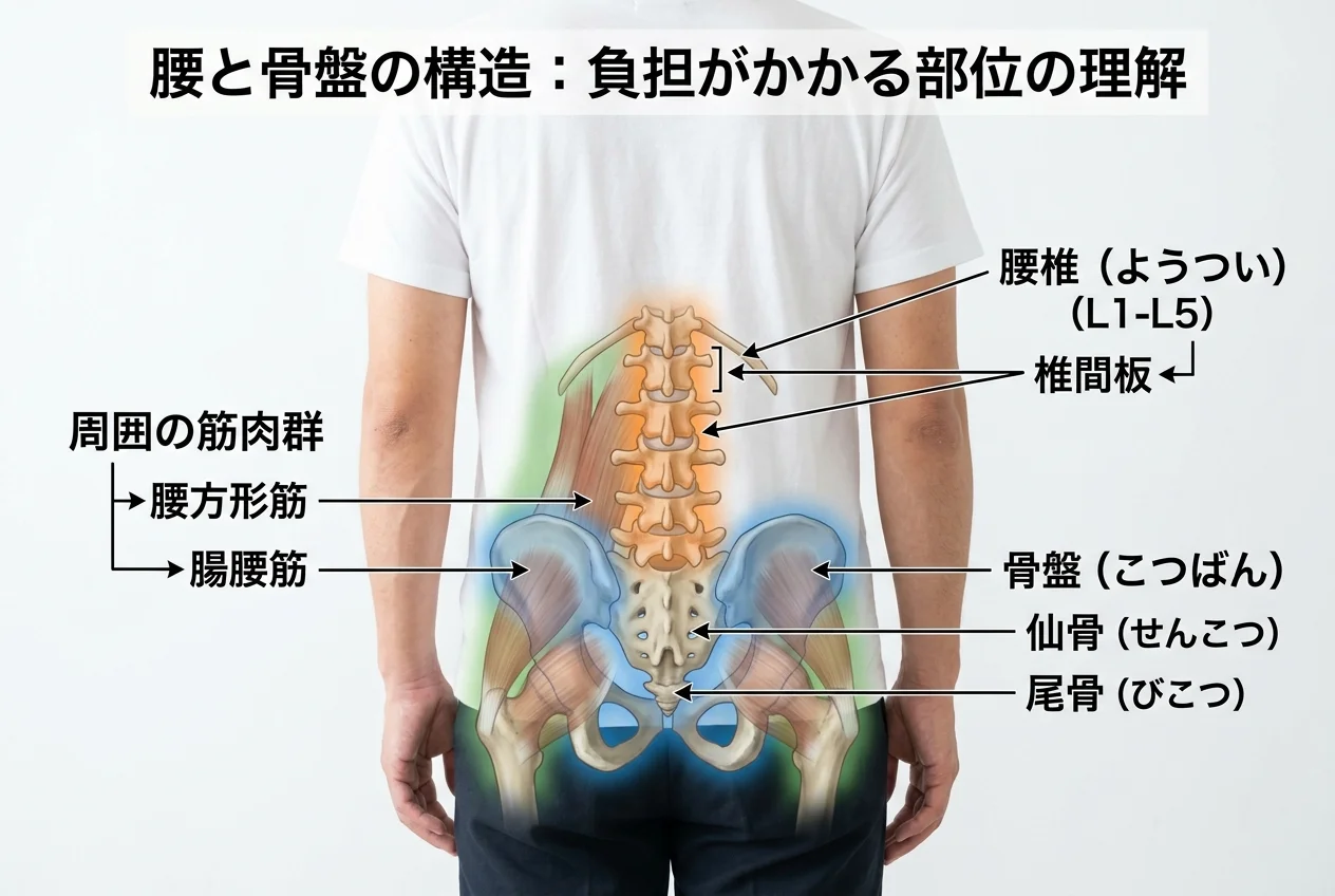 図1：腰痛に関連する筋肉・関節・骨格の構造