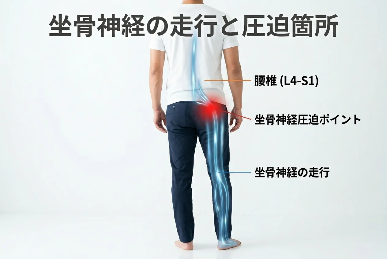 図1：坐骨神経痛に関連する筋肉・関節・骨格の構造