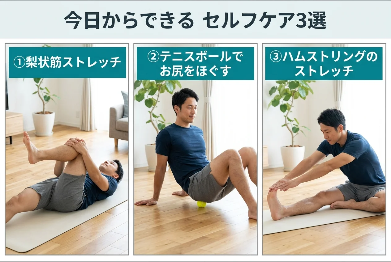 図4：自宅でできる坐骨神経痛のセルフケア3選