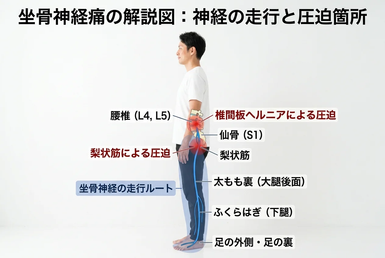 図1：坐骨神経痛に関連する筋肉・関節・骨格の構造