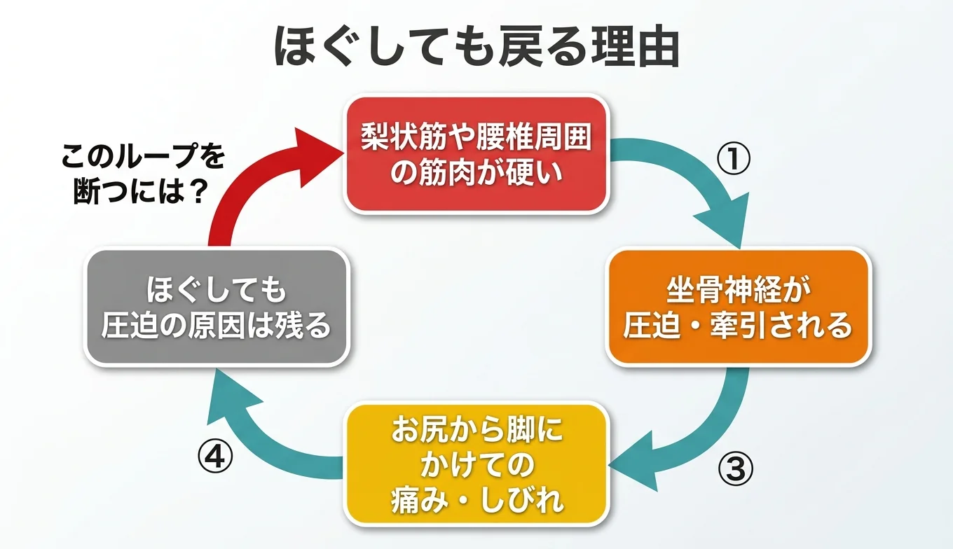 図2：「ほぐしても戻る」悪循環のメカニズム
