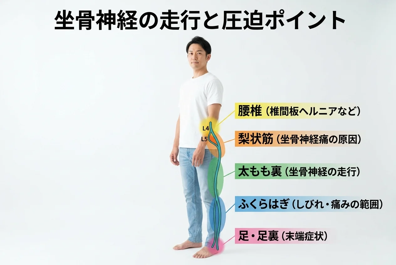 図1：坐骨神経痛に関連する筋肉・関節・骨格の構造