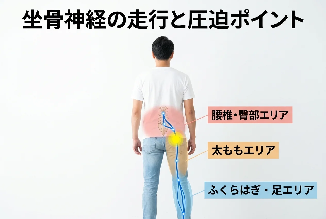 図1：坐骨神経痛に関連する筋肉・関節・骨格の構造