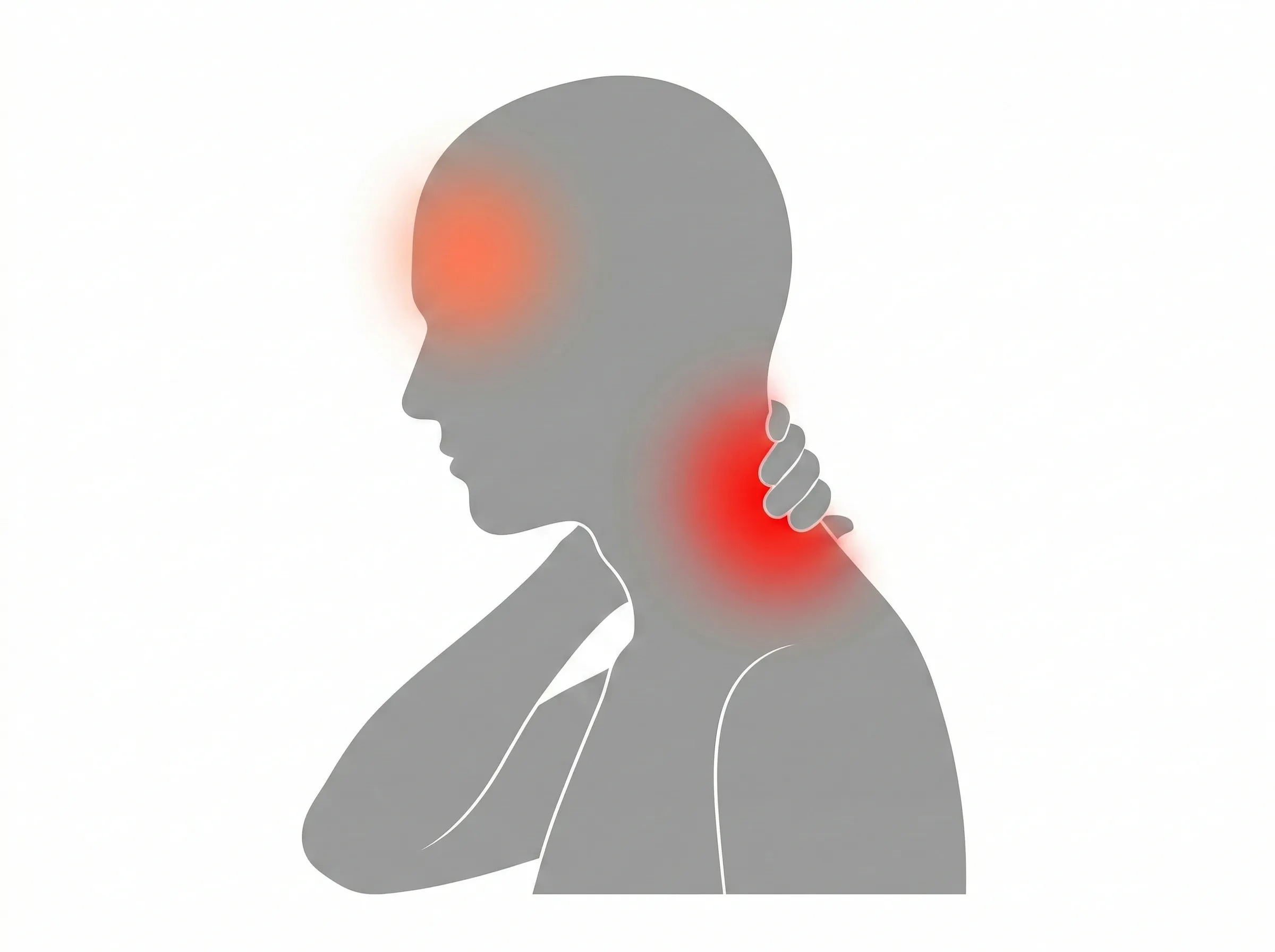 首の付け根を押さえる人のシルエット。首と頭部が赤く光り、首こりからくる頭痛を表現