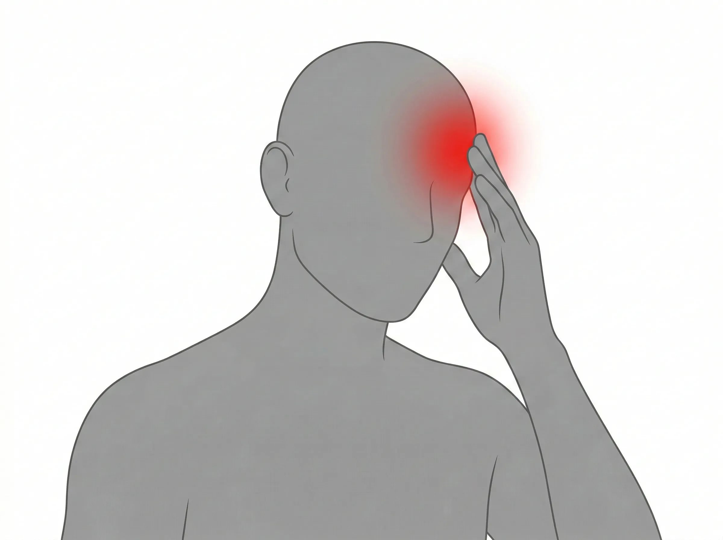 片手で右側のこめかみを押さえる人のシルエット。頭の片側だけが赤く光り、片頭痛を表現