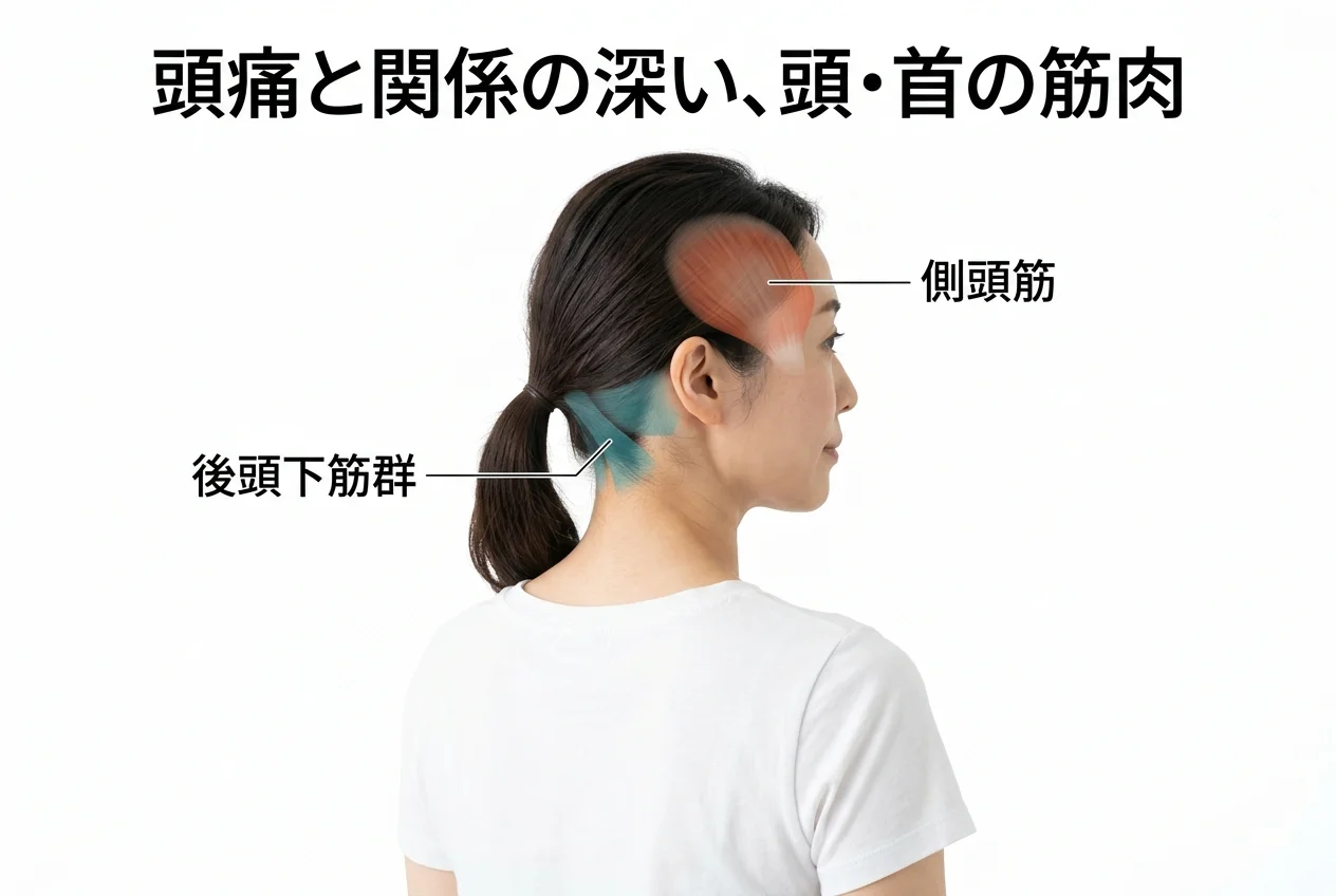 図1：頭痛に関連する筋肉・関節・骨格の構造