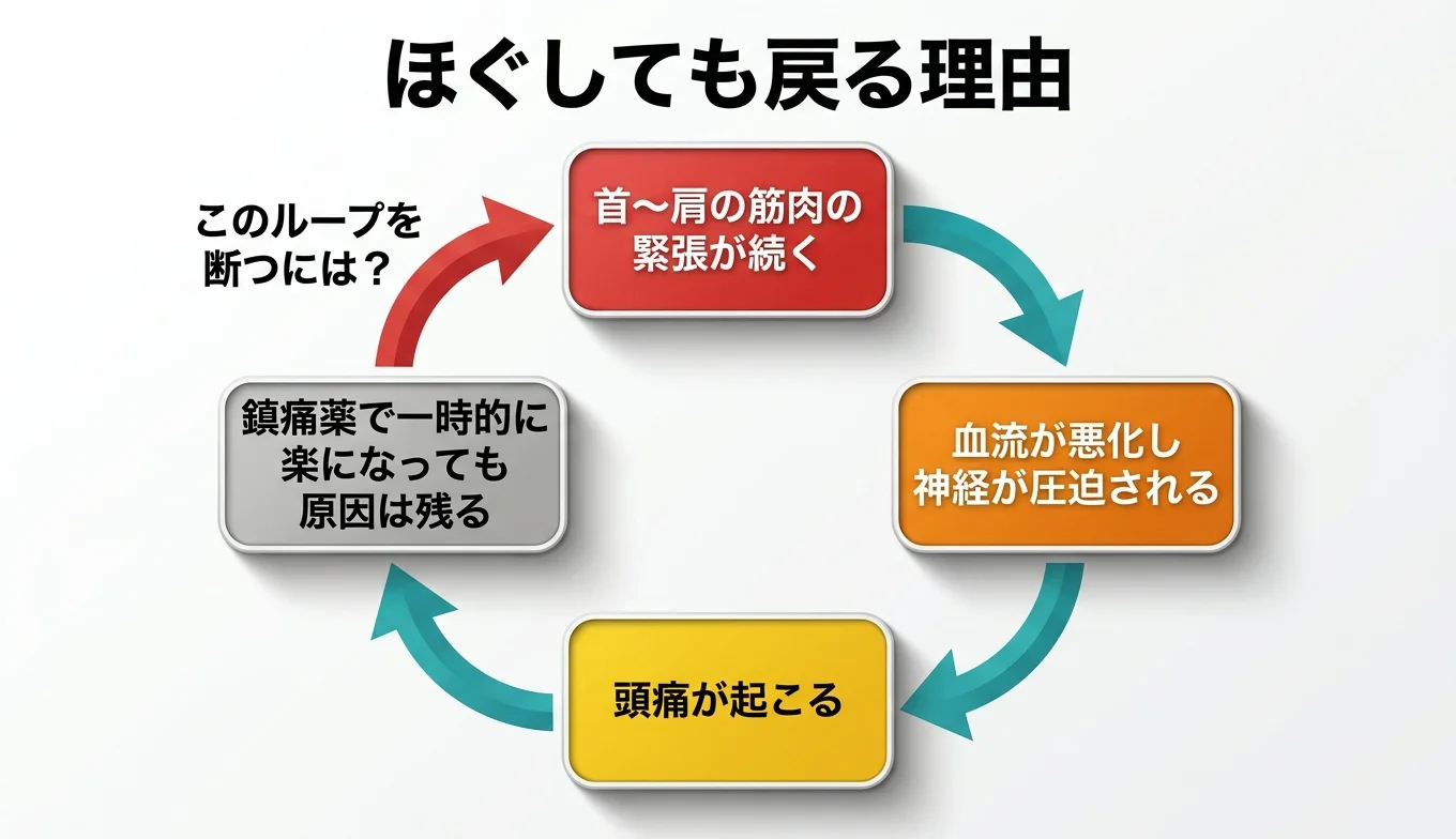 図2：「ほぐしても戻る」悪循環のメカニズム