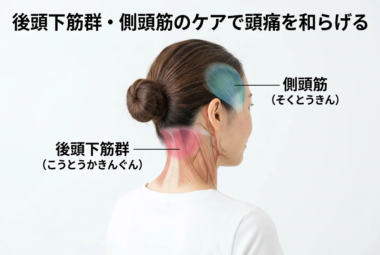 図1：頭痛に関連する筋肉・関節・骨格の構造