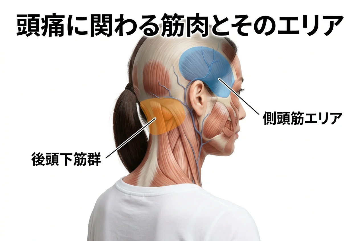 図1：頭痛に関連する筋肉・関節・骨格の構造