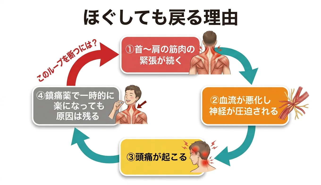 図2：「ほぐしても戻る」悪循環のメカニズム