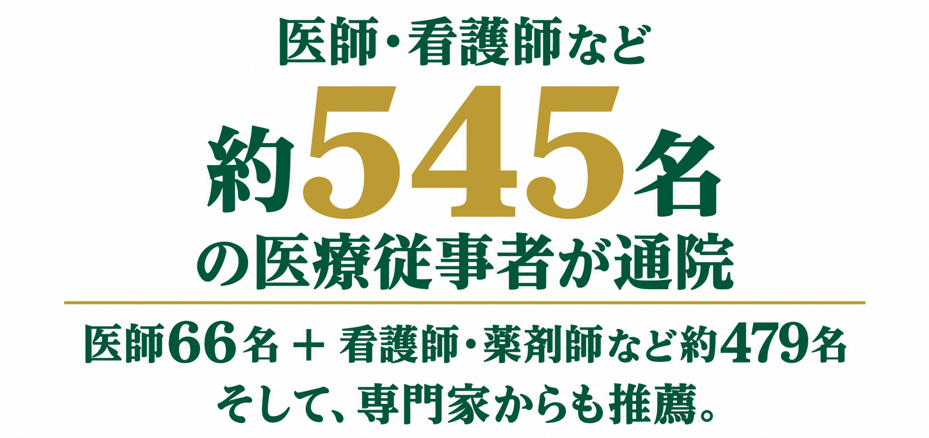 医師・看護師など約545名の医療従事者が通院。医師66名＋看護師・薬剤師など約479名。そして、専門家からも推薦。