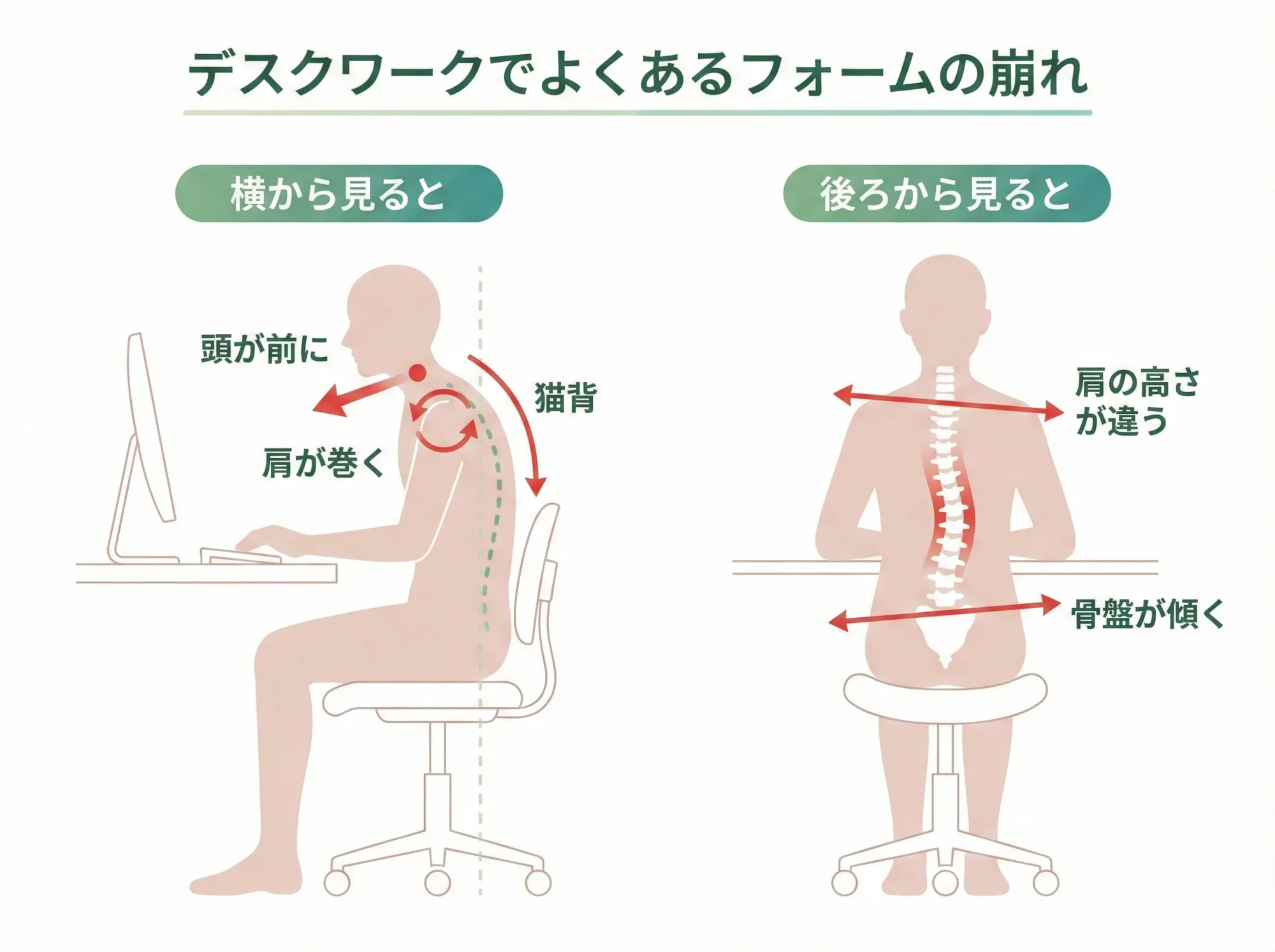 デスクワークでよくあるフォームの崩れ - 猫背・巻き肩・骨盤の傾き