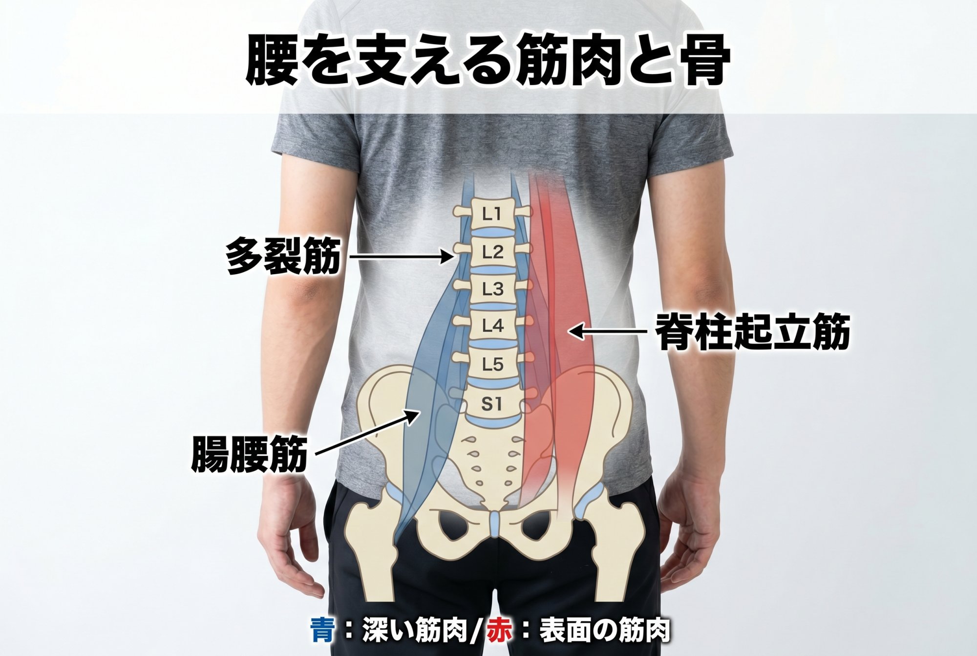 腰を支える筋肉と骨についての説明図