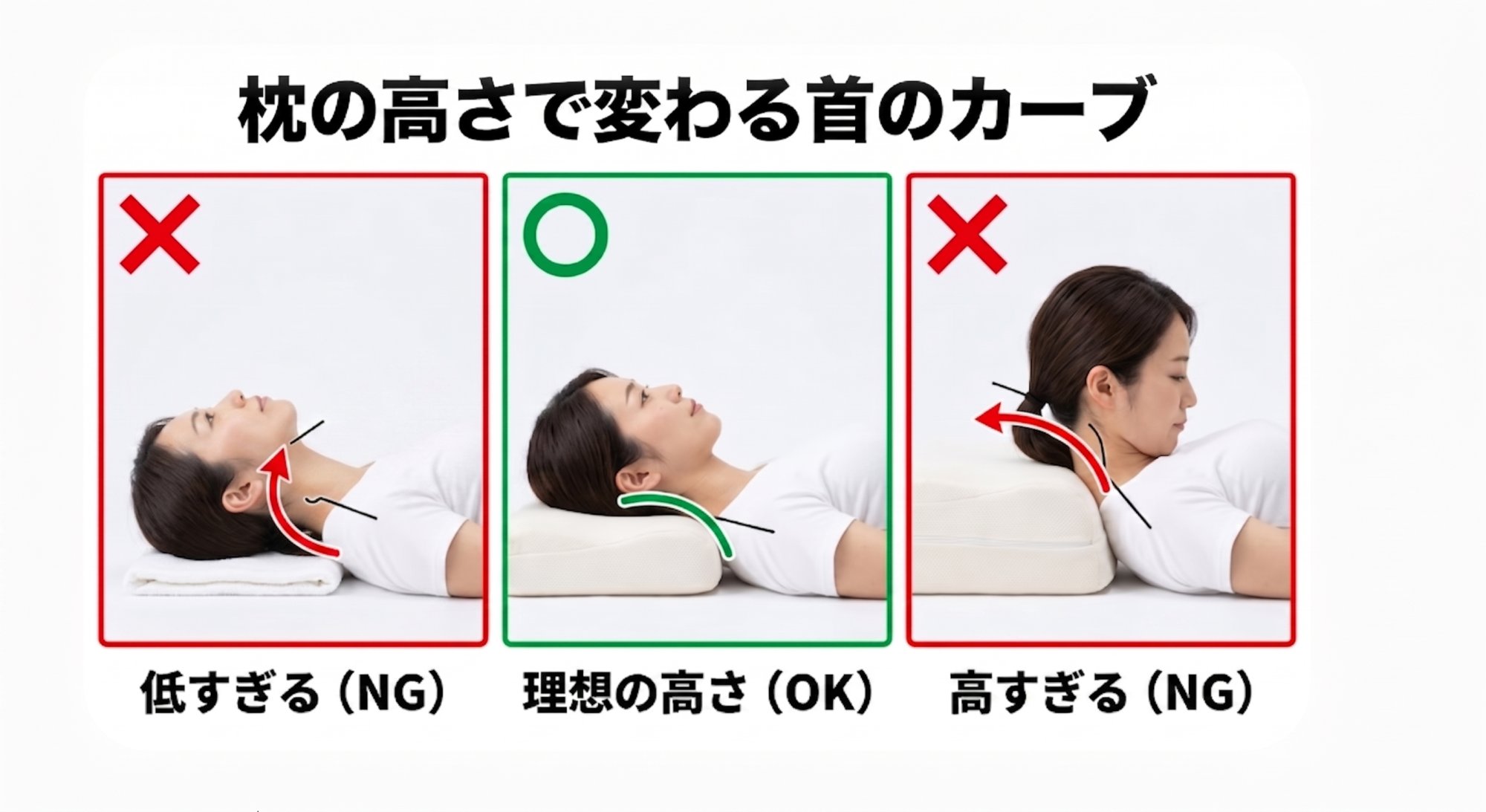 枕の高さで変わる首のカーブ