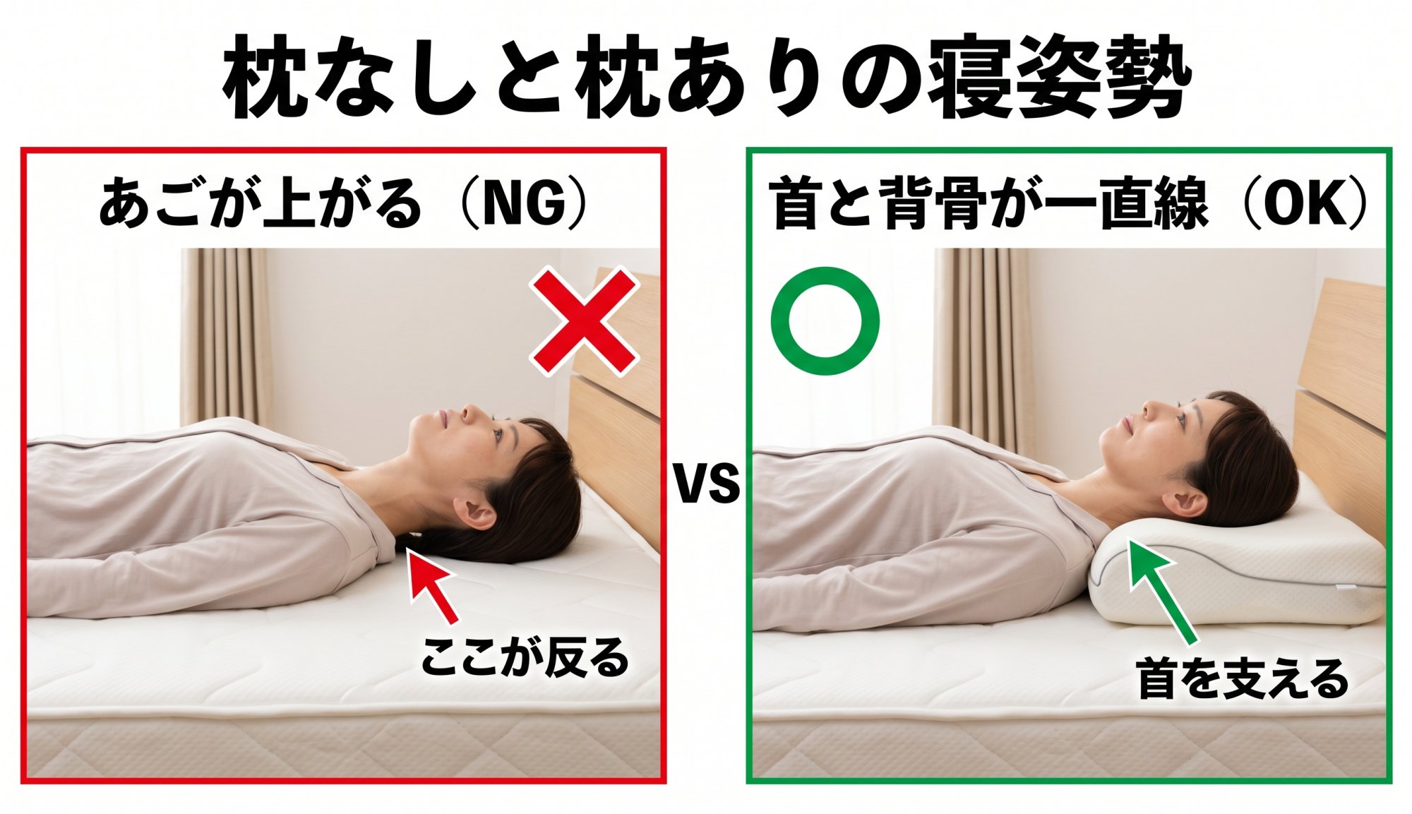 枕なしと枕ありの寝姿勢