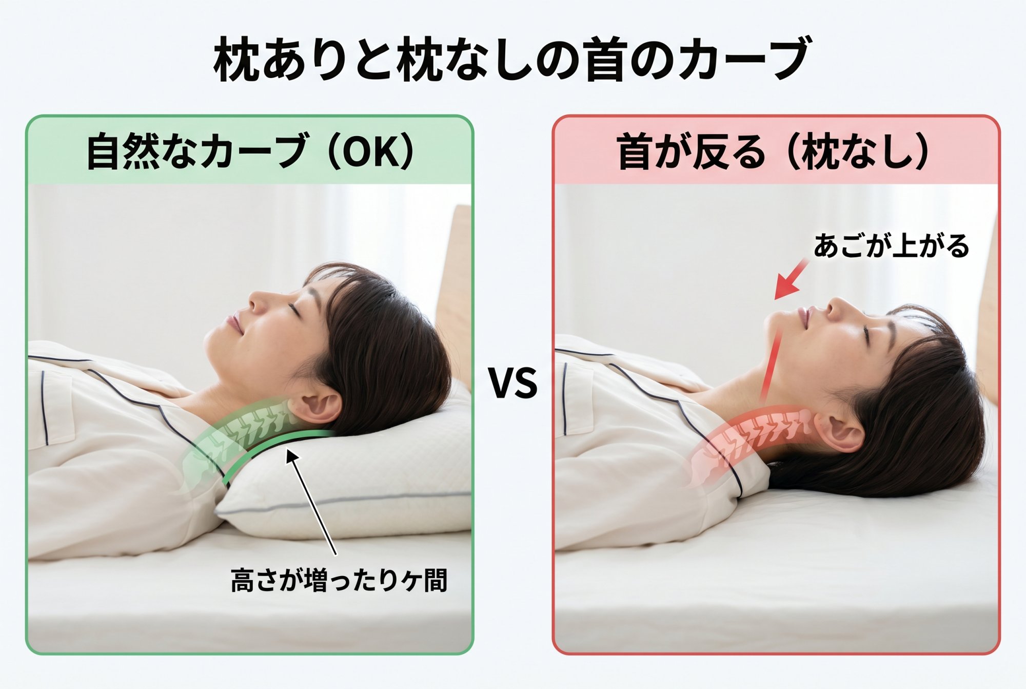 枕ありと枕なしの首のカーブ