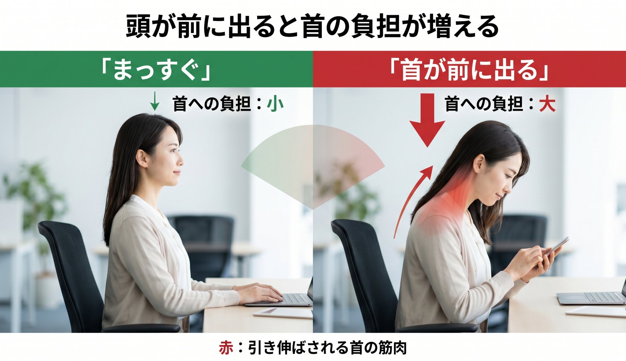 頭が前に出ると首の負担が増える