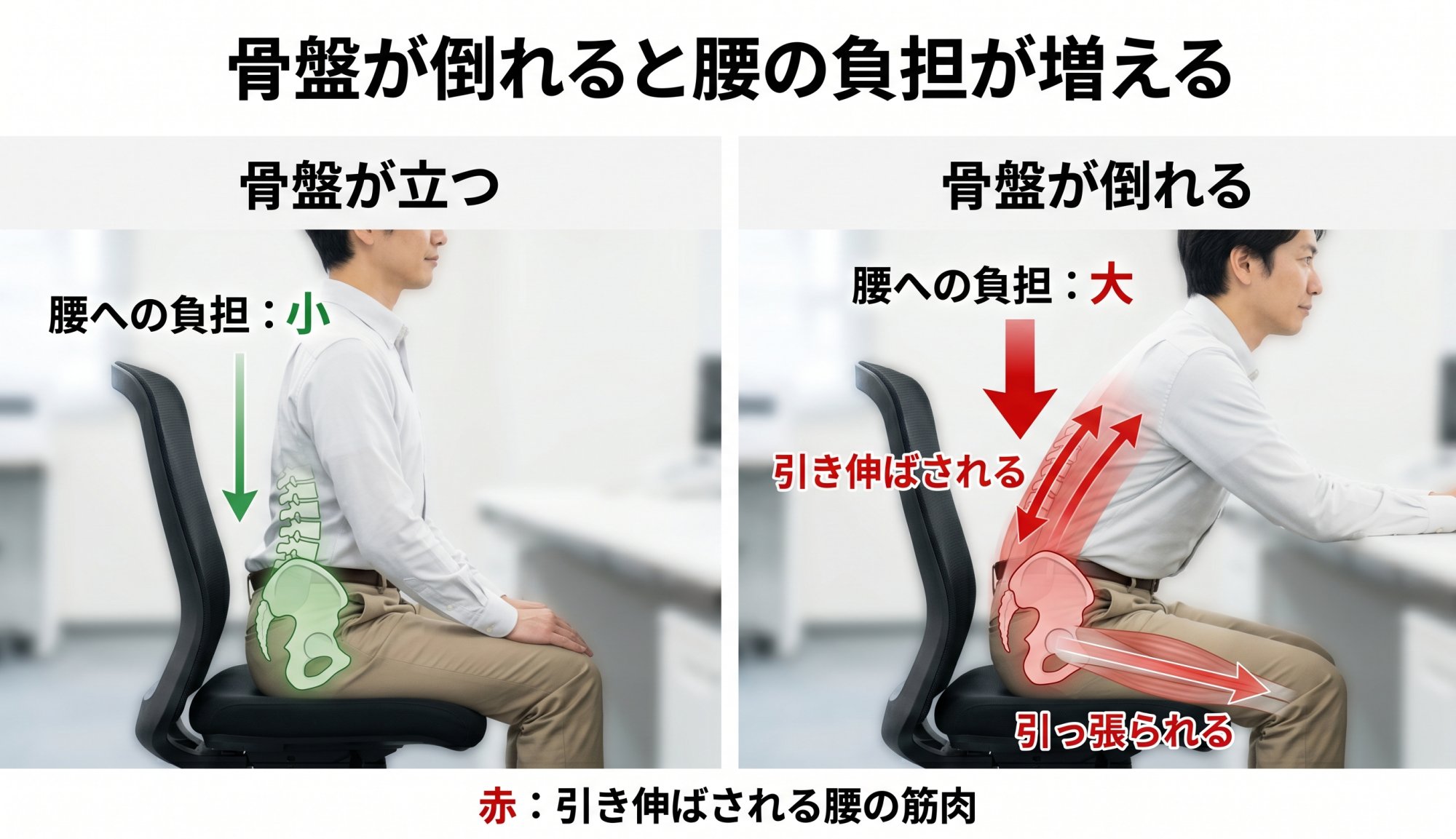 骨盤が倒れると腰の負担が増える