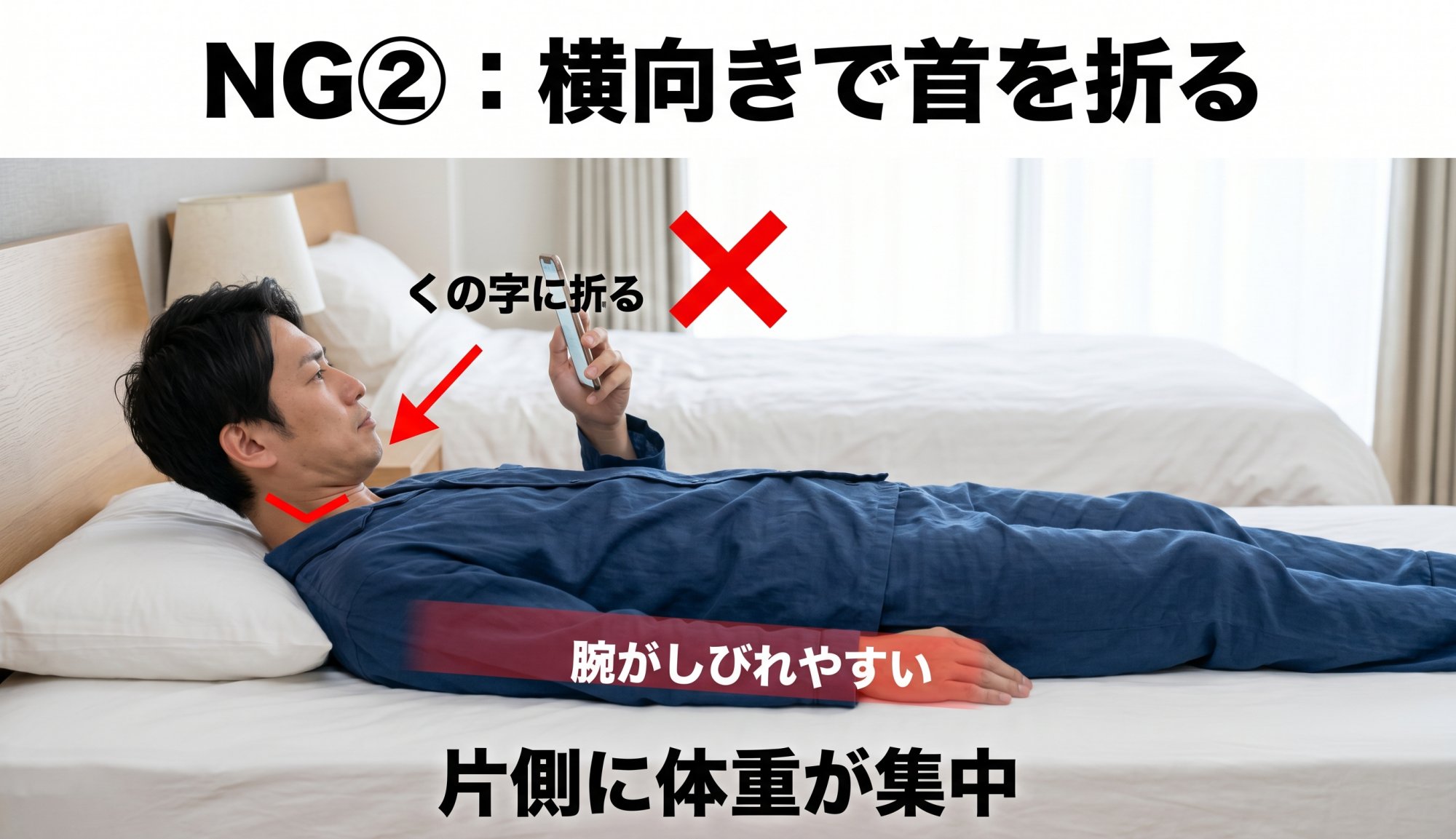 NG②：横向きで首を折る