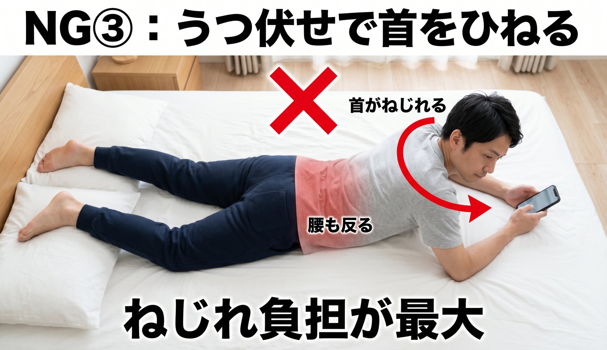 NG③：うつ伏せで首をひねる