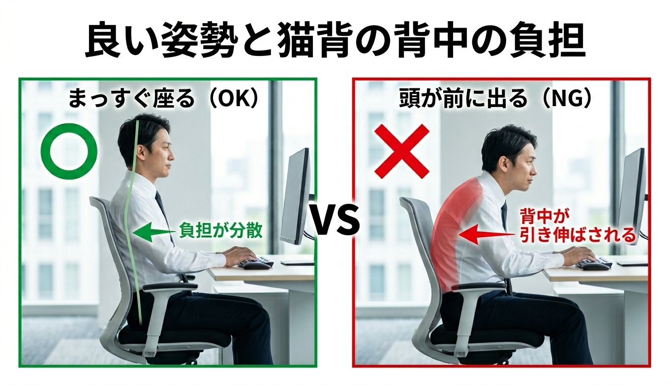 良い姿勢と猫背の背中の負担