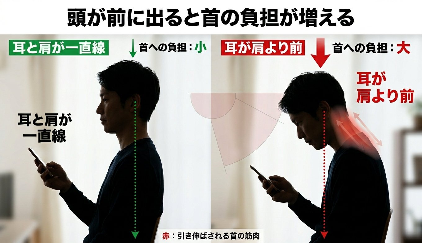 頭が前に出ると首の負担が増える