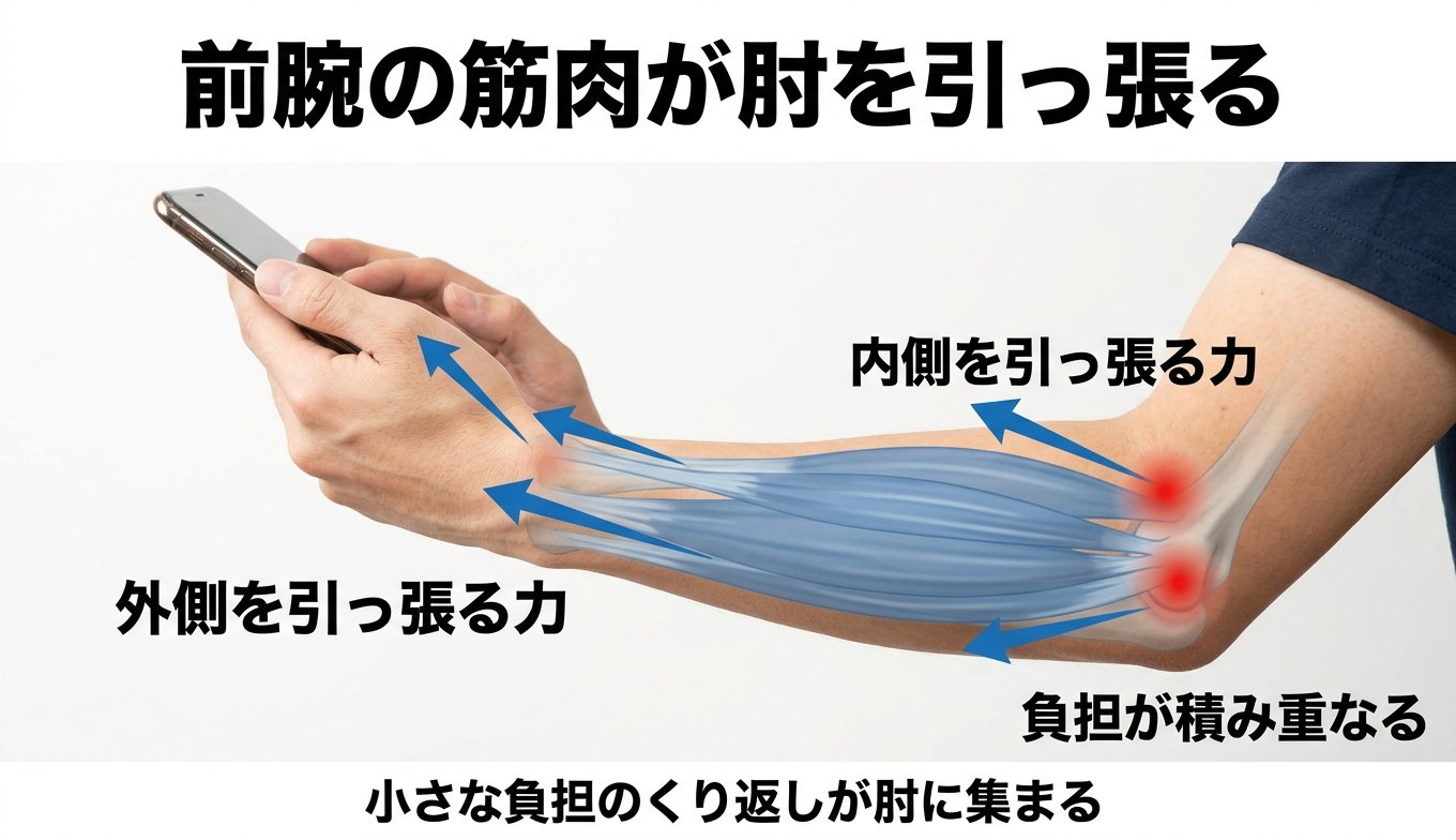 前腕の筋肉が肘を引っ張る