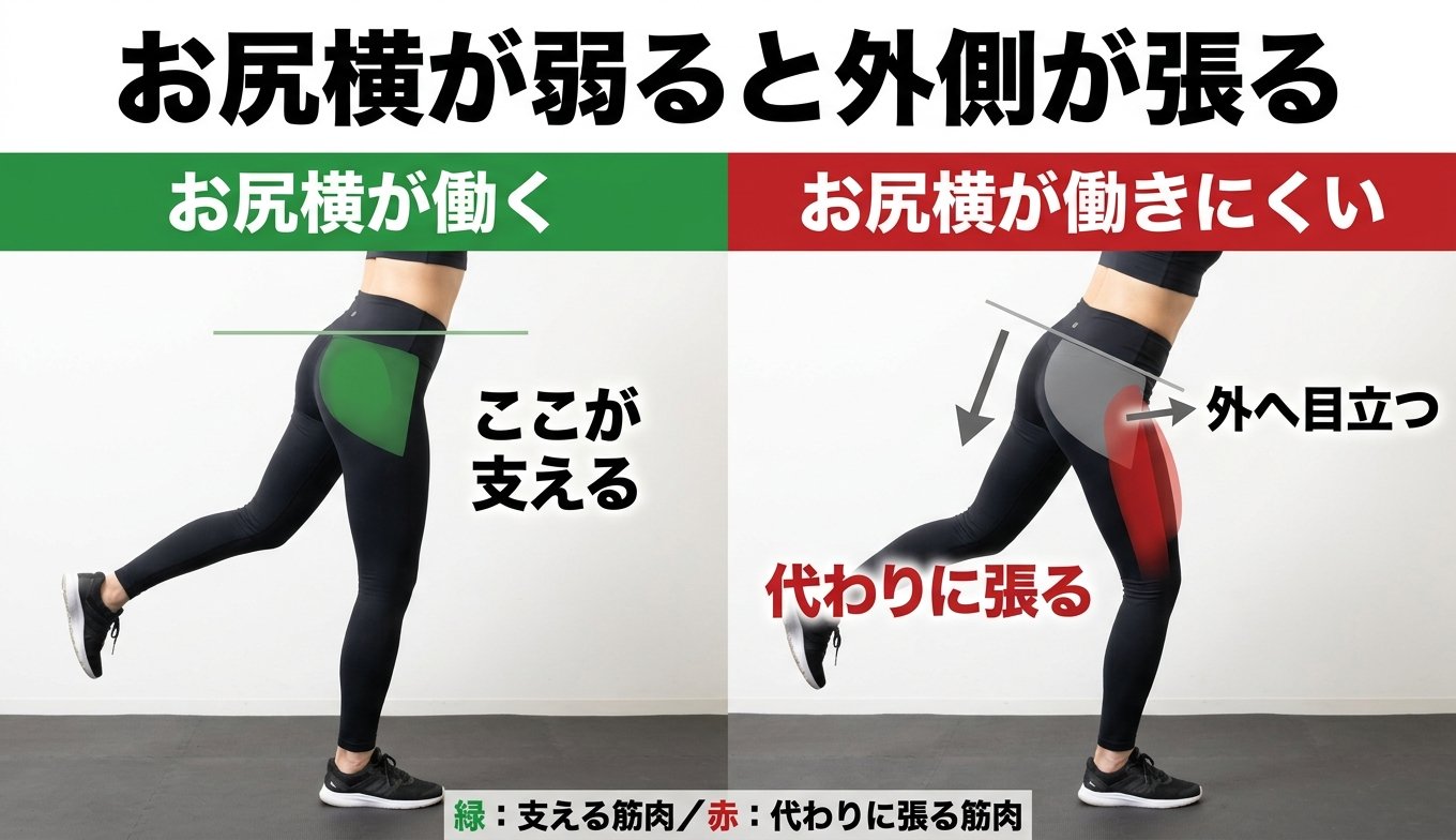 お尻横が弱ると外側が張る