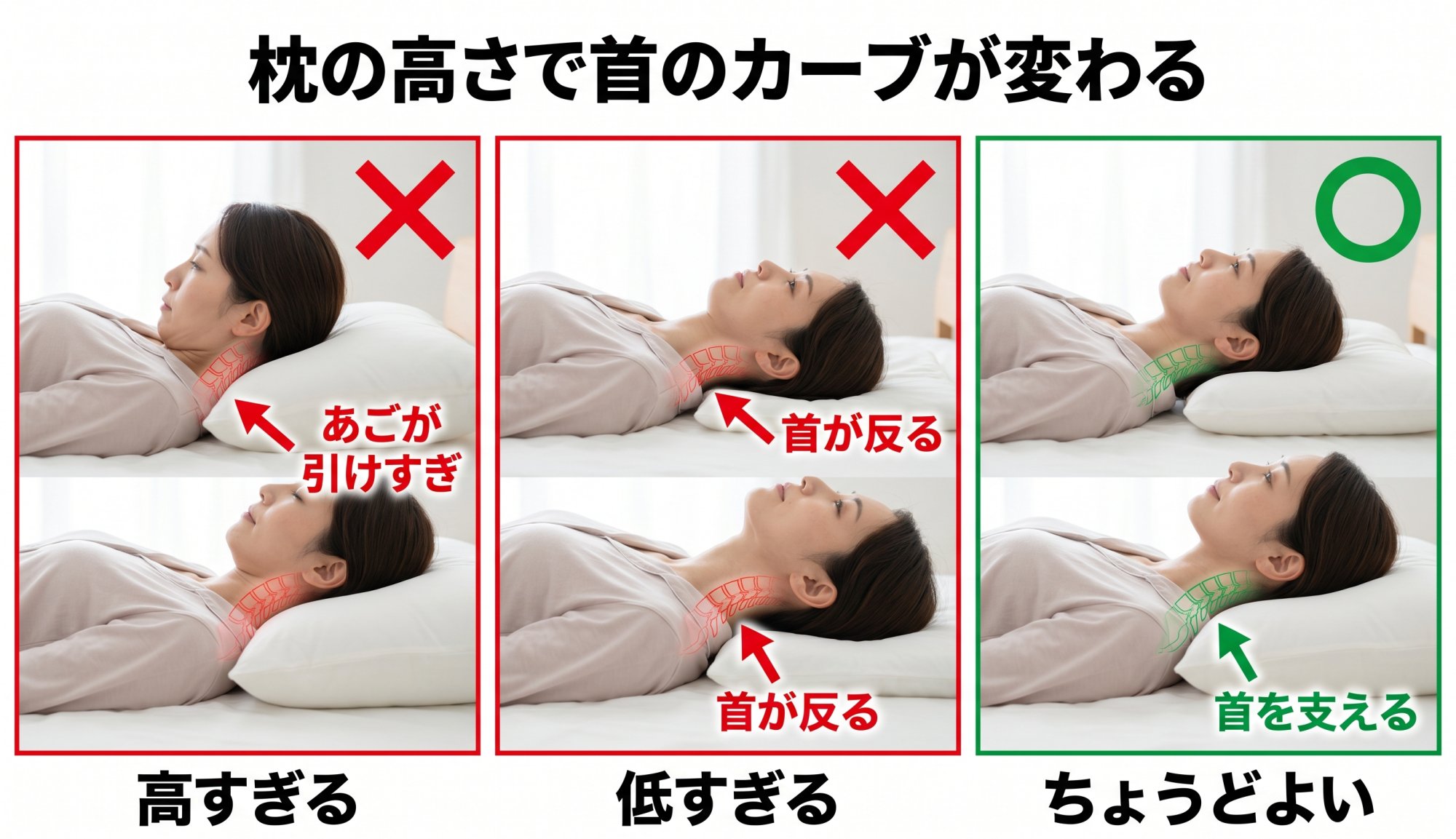 枕の高さで首のカーブが変わる