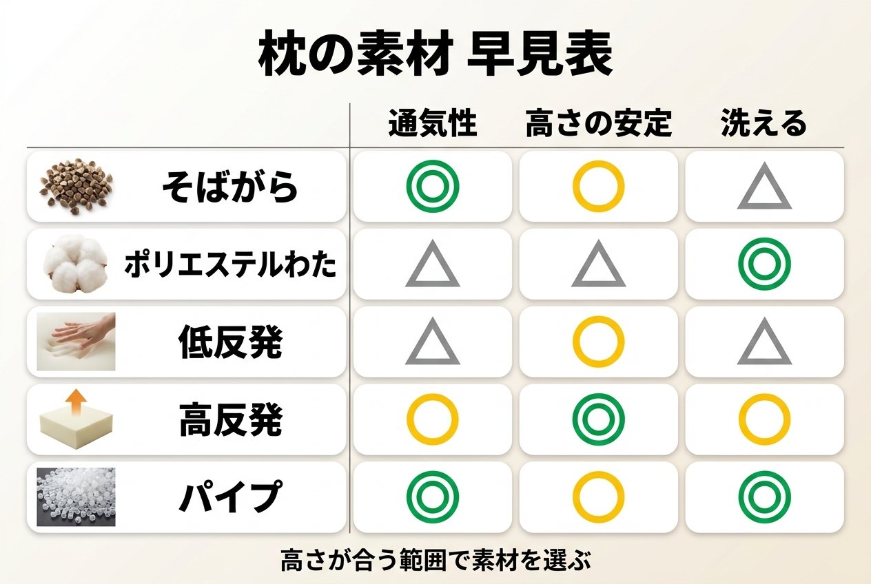 枕の素材 早見表