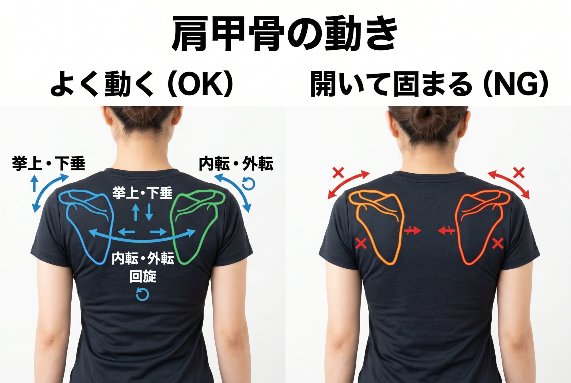 正常な肩甲骨の動きと巻き肩で固定された肩甲骨の比較図