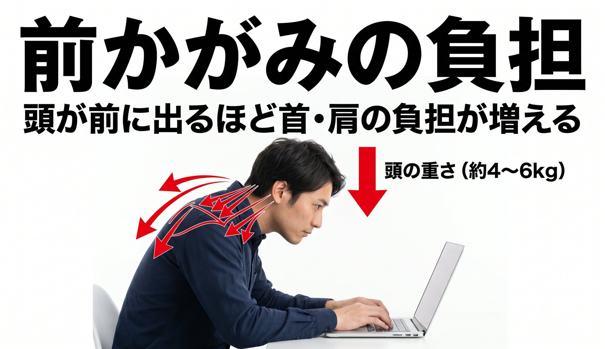 前傾姿勢が首と肩の筋肉に与える負荷の模式図