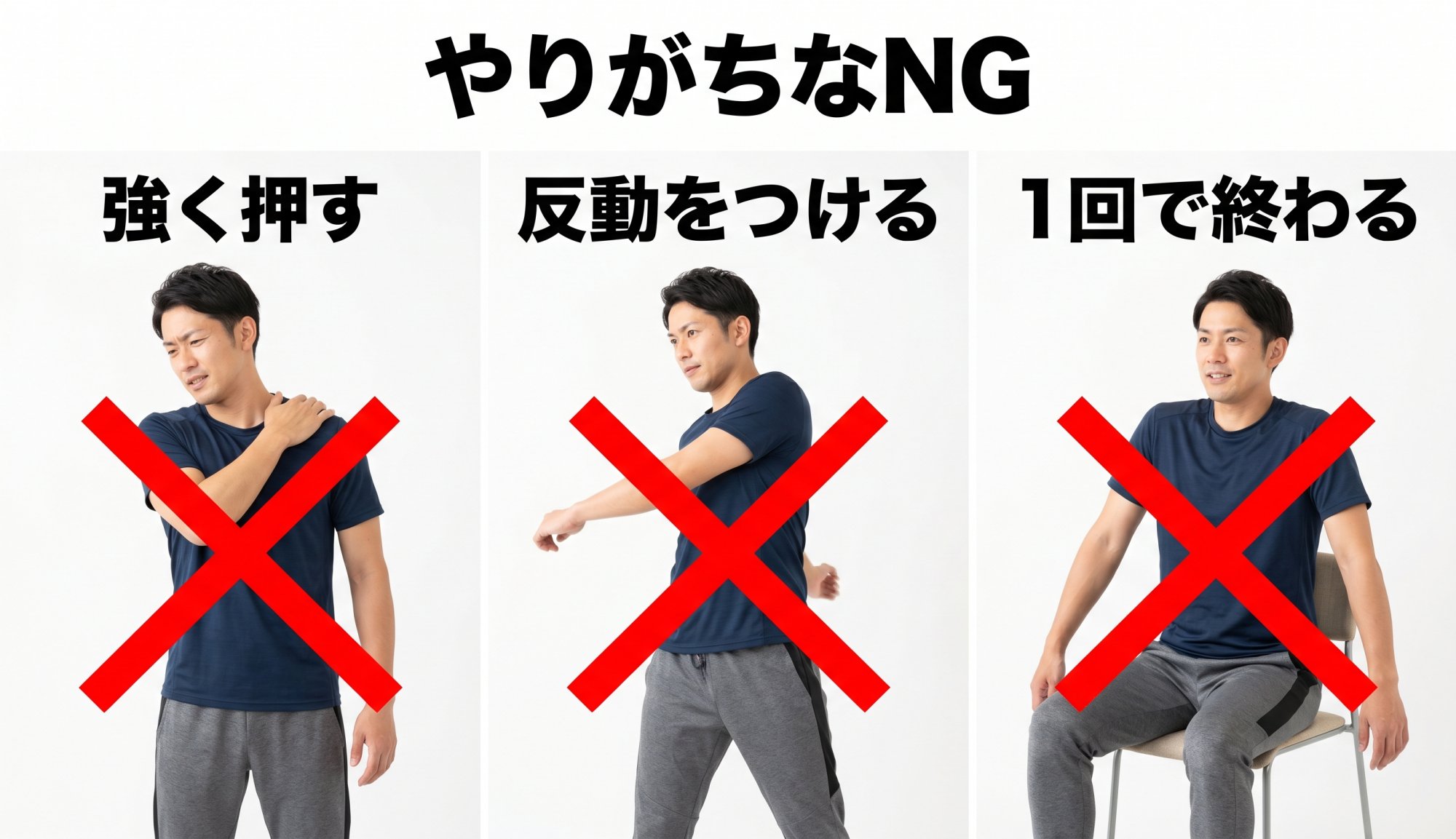 肩甲骨はがしでやりがちな3つのNG行動の比較図