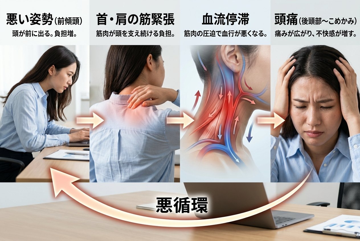 肩こりと頭痛が互いに影響し合う流れを示した図