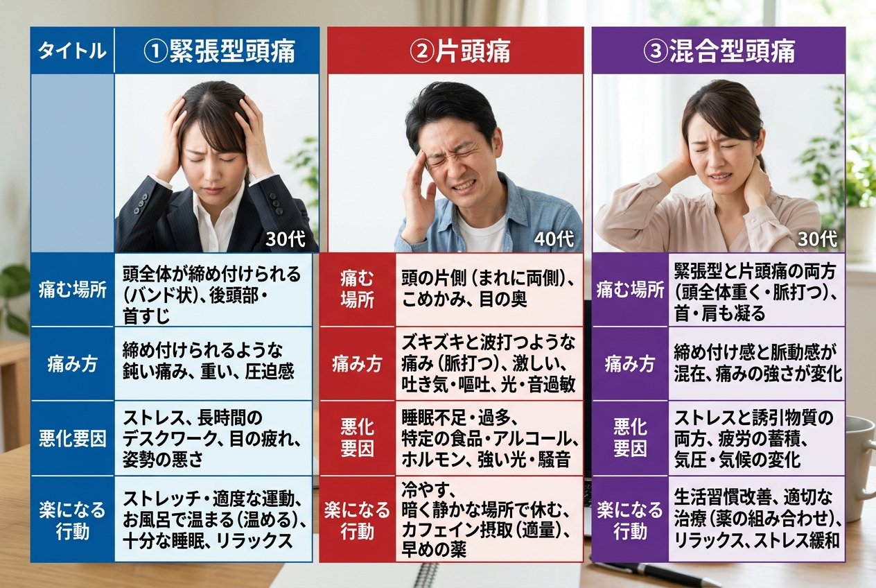 頭痛のタイプ別の特徴を比較した一覧表