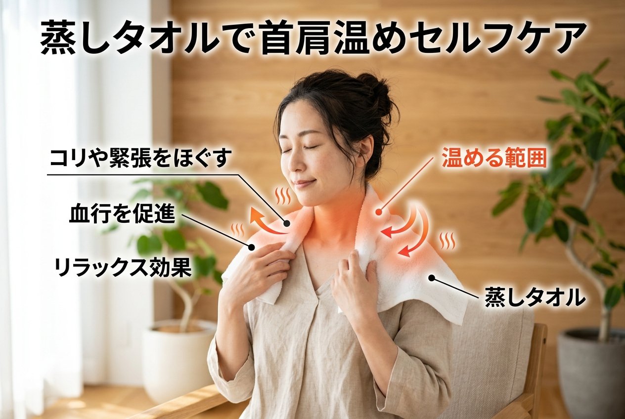 首と肩を温めてケアする方法を示した図