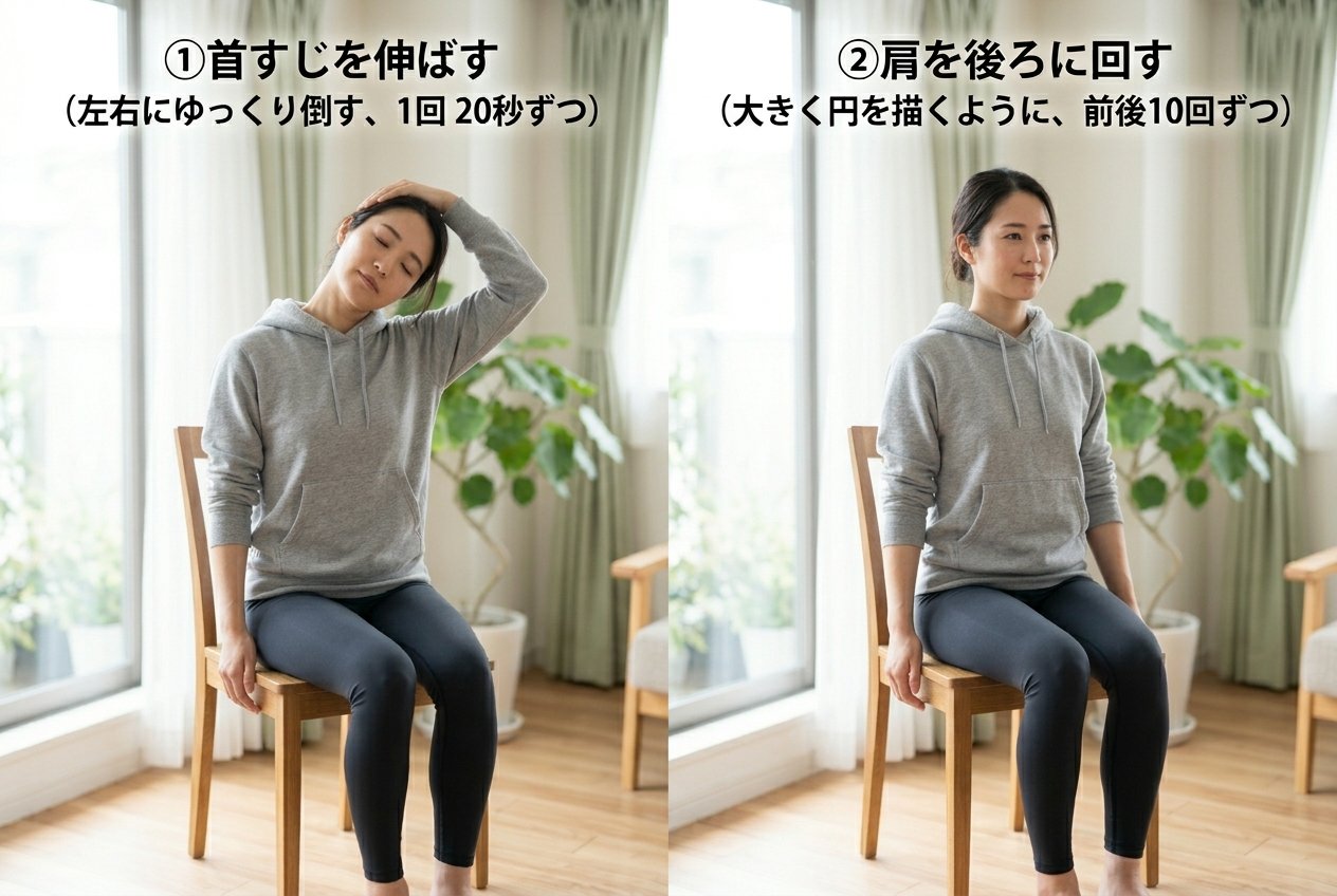 首と肩のストレッチの動作の流れを示した連続図
