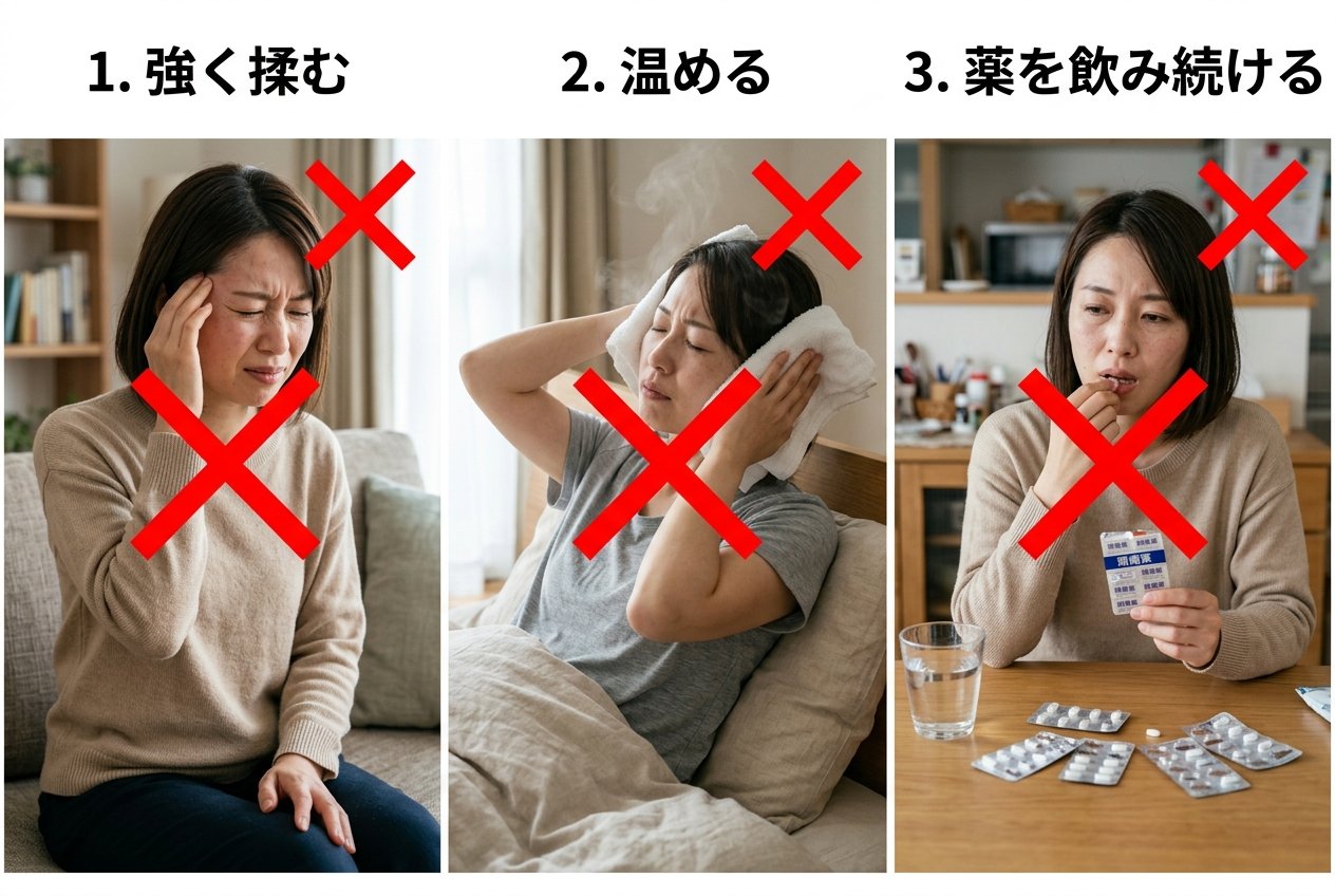 肩こり頭痛のときに控えたい行動と望ましい行動を比較した図